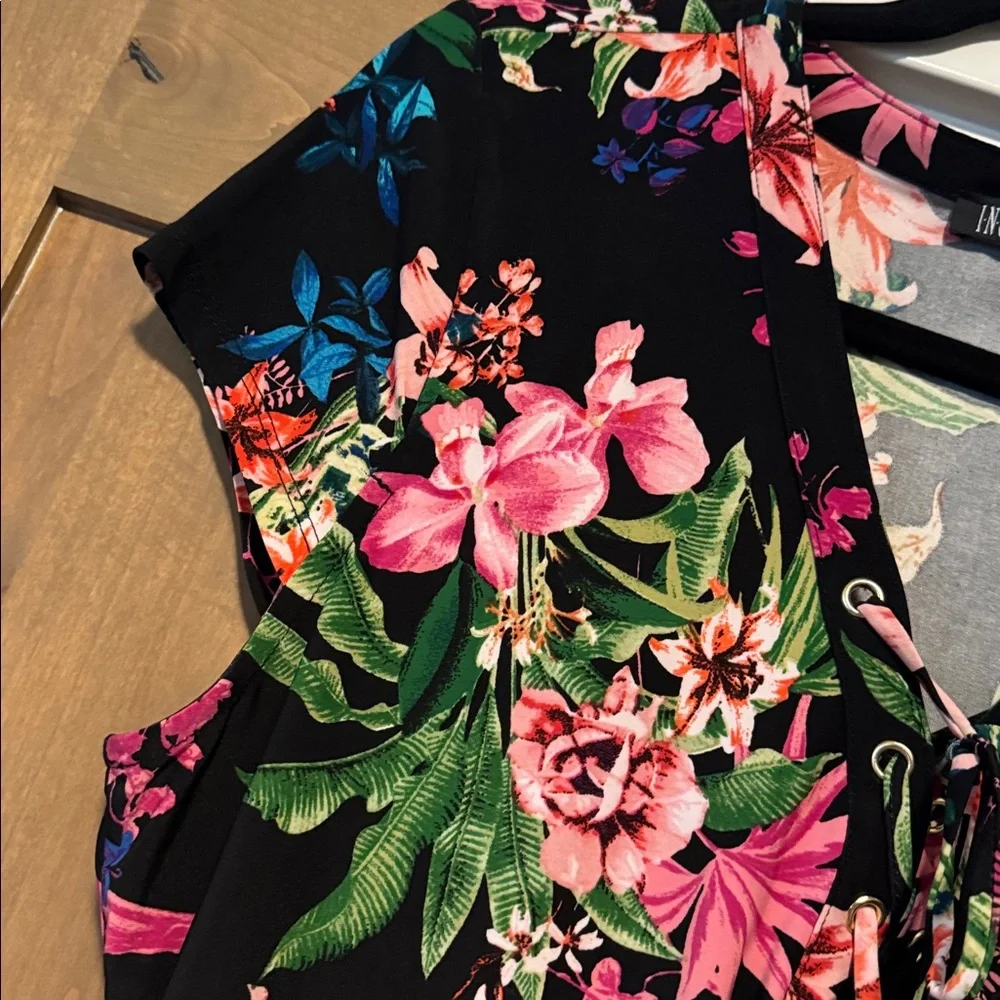 I.N.C. Floral printed lace up Rouched slinky blouse Top Womens L stretch office - Picture 4 of 12